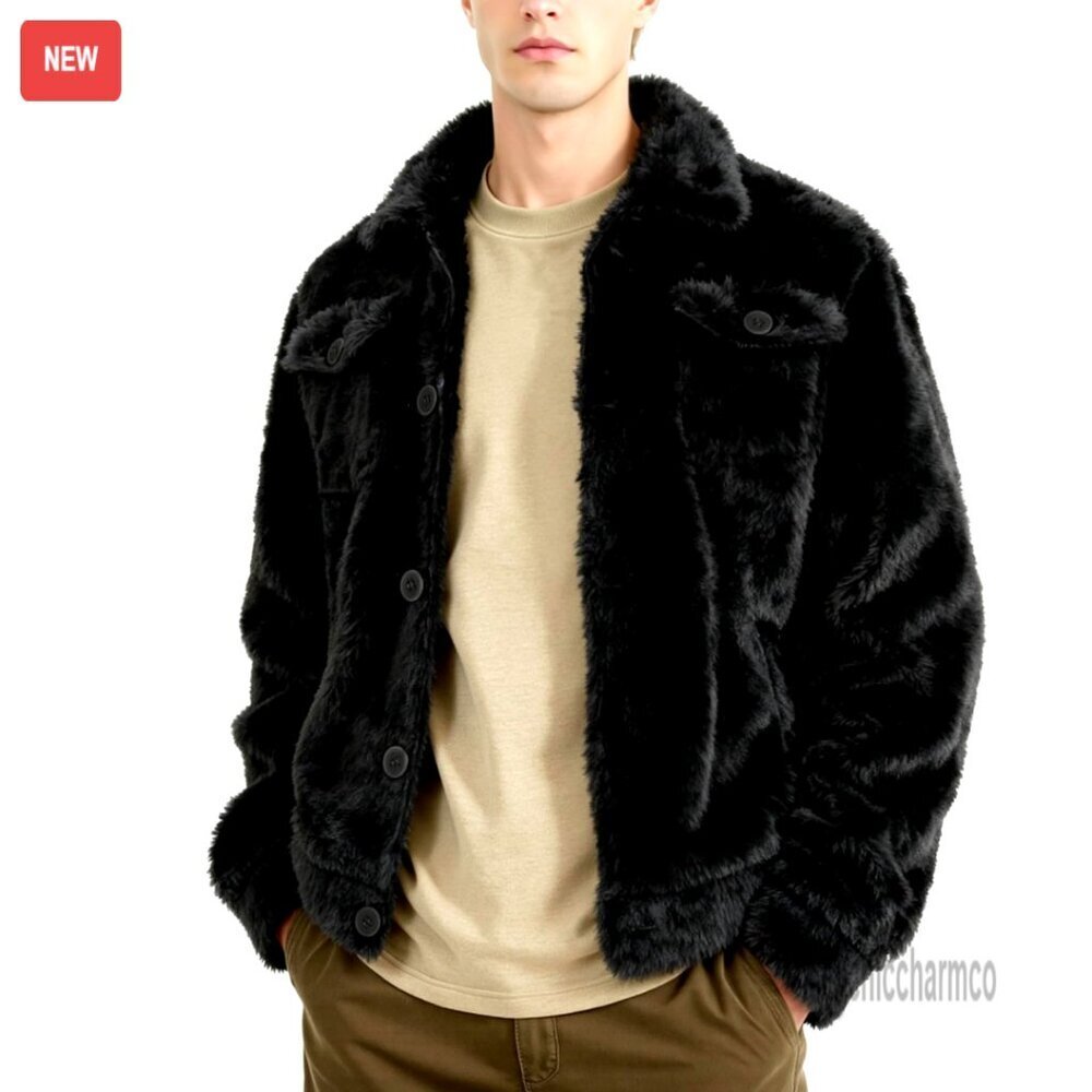 Furry Sherpa Fleece Jacket Button-Up Classic Men's Outerwear Cozy Winter Coat